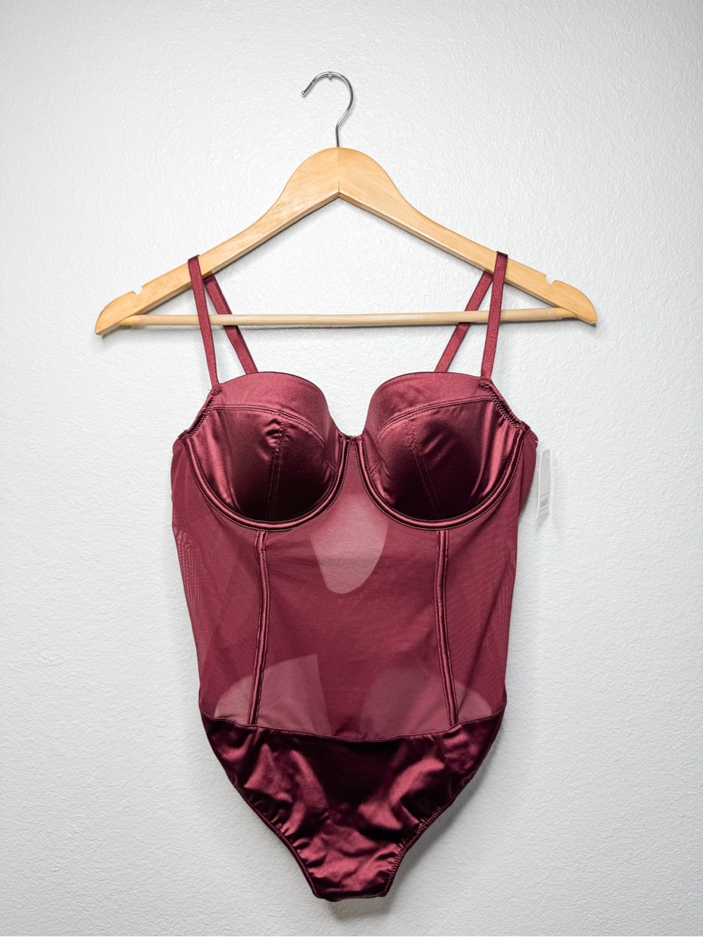 New Auden Berry Red Medium Satin & Mesh Intimates Thong Bodysuit